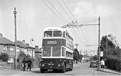 No-11-St-Helens-Trolley-Bus-coming-from-the-depot-in-Beaufort-Road-and-passing-Strood-Road.-1959.